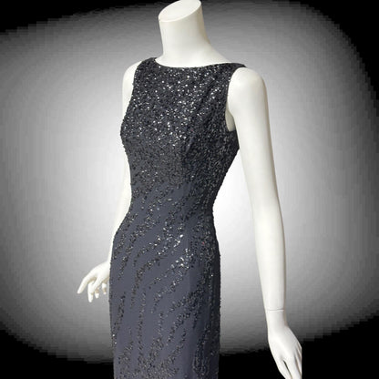 FRANK STARR Vintage 1960s evening gown dress, Lord & Taylor, black sequin sheath evening gown