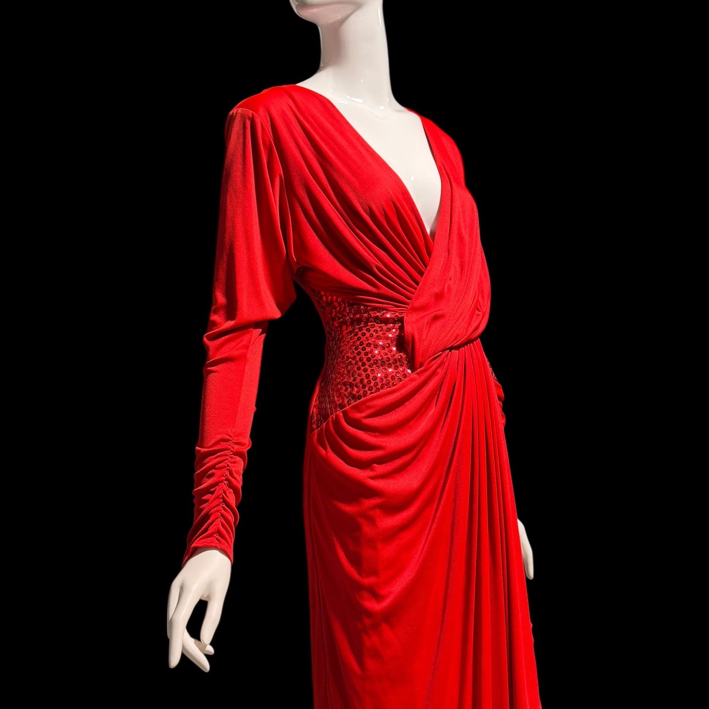 TADASHI Vintage evening dress gown, 1980s glam red sequin sarong gown