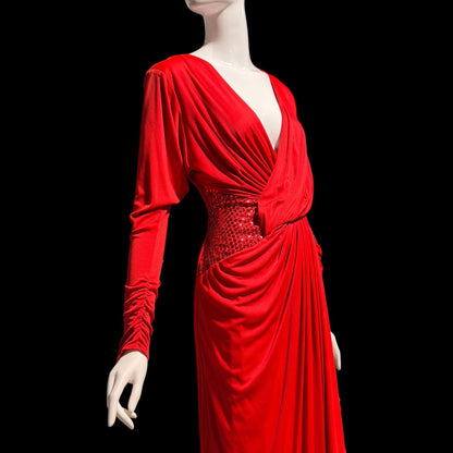 TADASHI Vintage evening dress gown, 1980s glam red sequin sarong gown