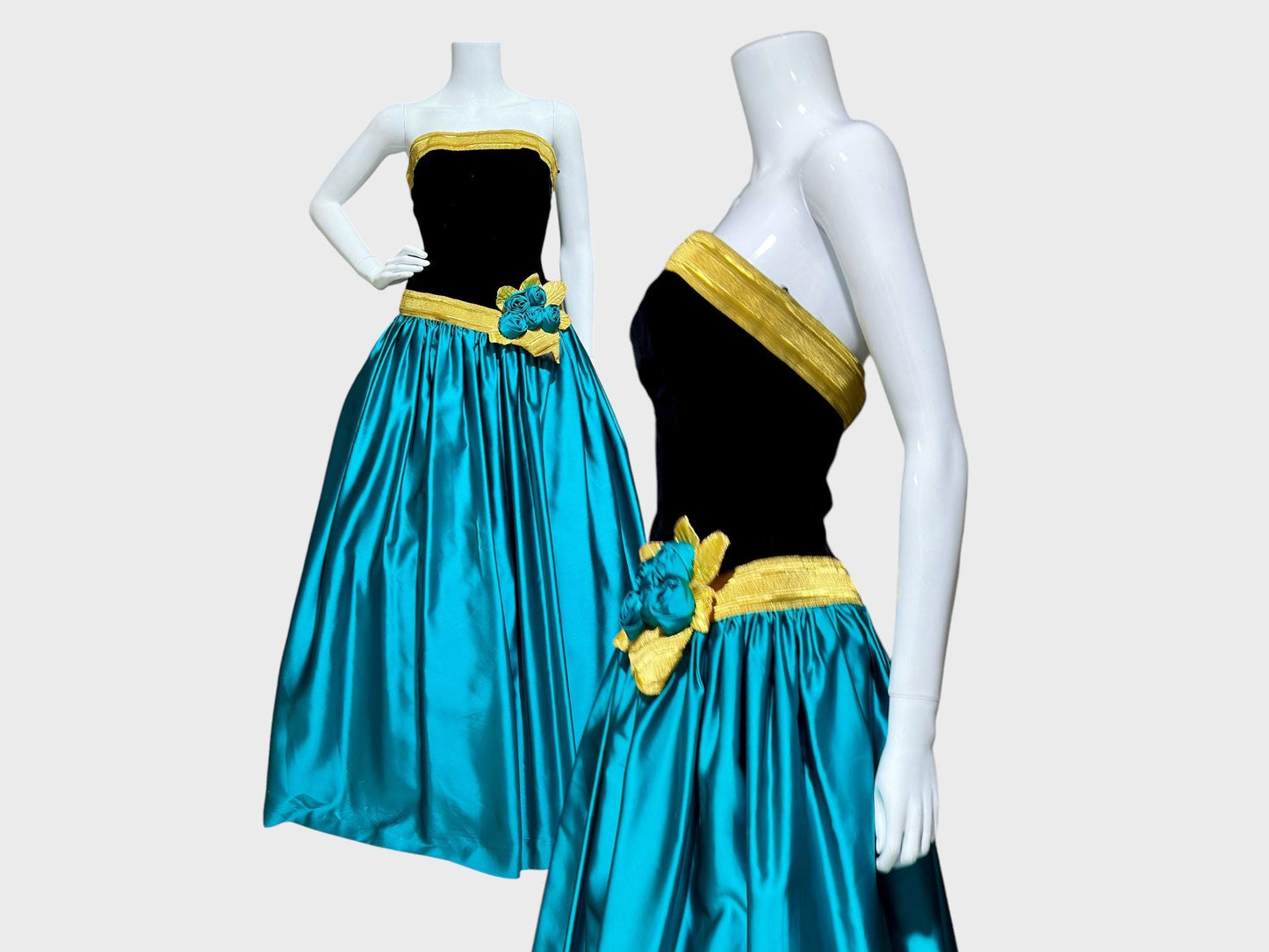 EUGENE ALEXANDER for Neiman Marcus, 1980s evening dress, black & teal rosette ball gown