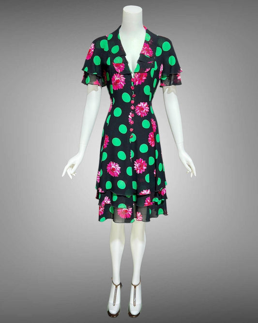 EMANUEL UNGARO 1980s vintage evening dress, polka dots and dahlias, button front flirty tiered ruffle skirt party dress