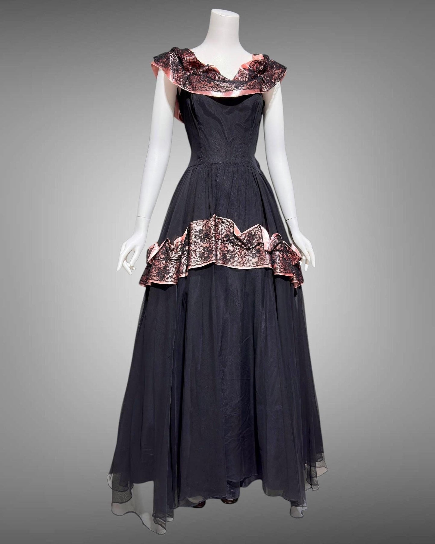 1940s vintage evening dress gown, Black mesh and pink Satin ball gown