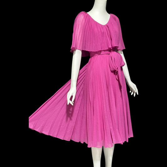 MISS ELLIETTE Vintage 1960s pleated party dress, pink cocktail dress, ruffled collar