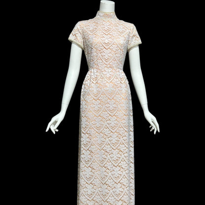 VICTOR COSTA, vintage 1970s evening dress, white and peach lace high neck column dress
