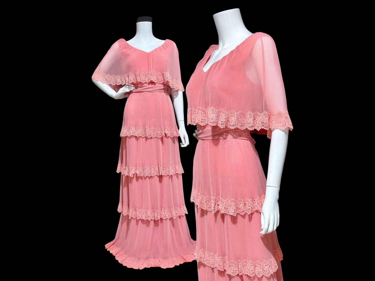 MISS ELLIETTE vintage 1970s pleated chiffon evening gown, Old Rose Pink tiered skirt maxi dress with ruffled collar