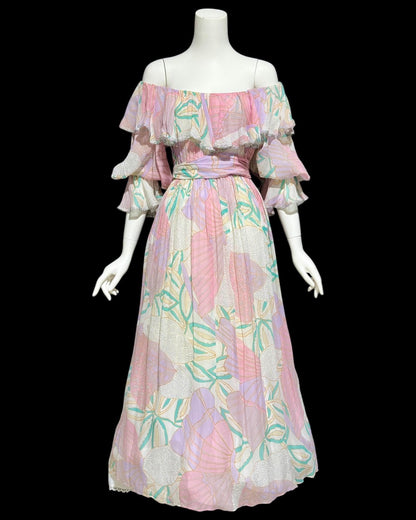 FRANK USHER, vintage 1970s evening dress, Pastel floral chiffon, silver metallic, Off shoulder ruffle collar