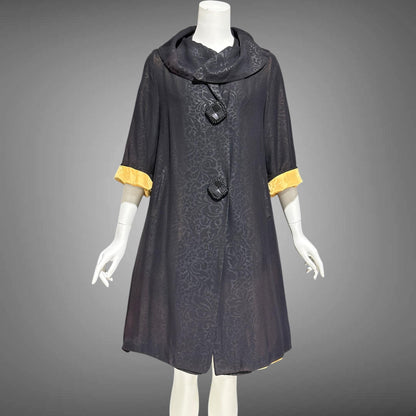 1930s vintage evening swing coat, black swing opera coat duster with satin lining