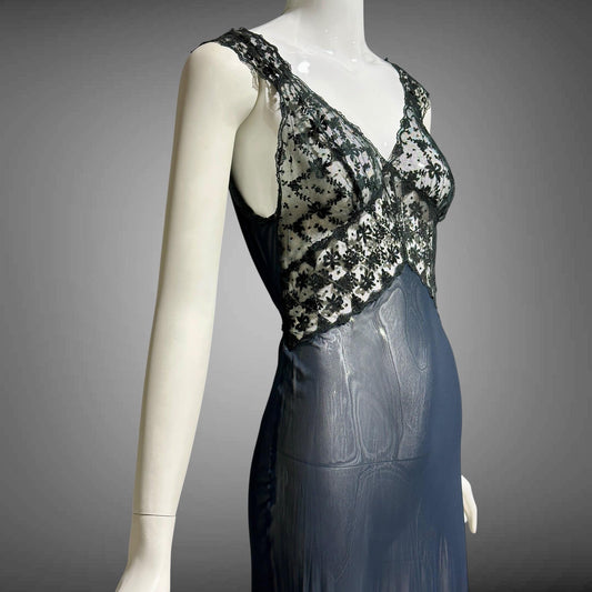 LADY DUFF, vintage 1930s Nightgown slip dress, sheer sultry black night dress, bias cut with lace