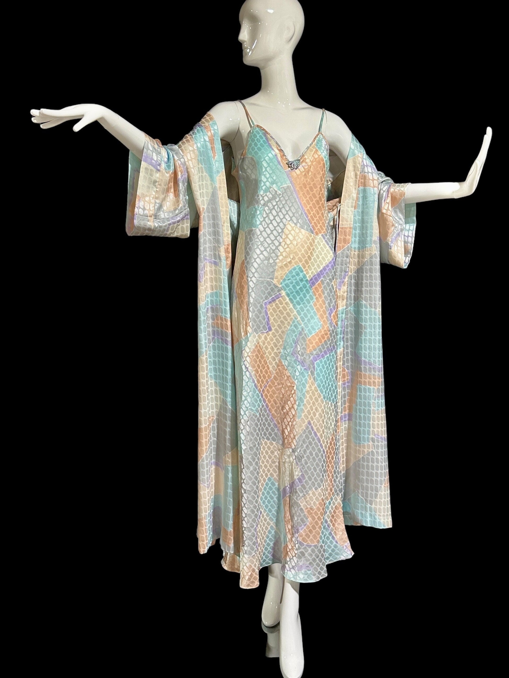 GEORGETTE TRABOLSI vintage nightgown robe peignoir set, pastel abstract slip dress and dressing robe set