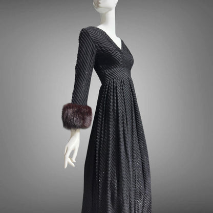 LILLIE RUBIN Vintage 1970s evening gown, Black eye lash Sparkly Gown with Fur Cuffs