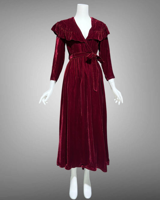 MOLLIE PARNIS Vintage Dressing Gown Housecoat, 1960s deep red velvet wrap front Robe