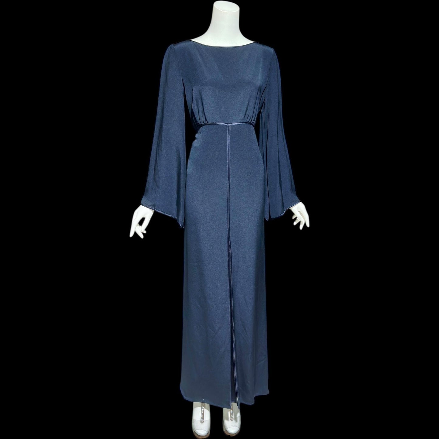 PILAR ROSSI COUTURE, vintage 1990s evening dress, Midnight Blue Long Sleeve gown