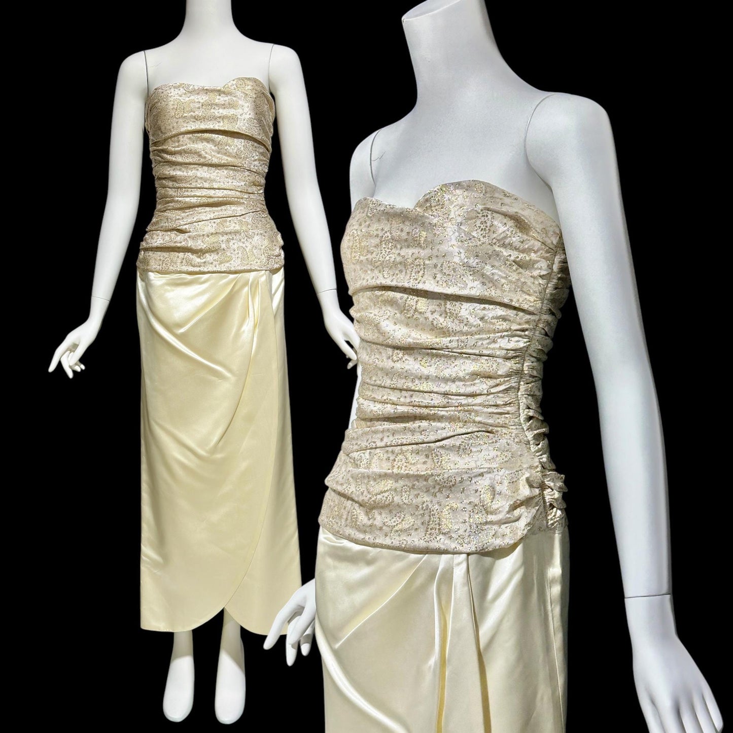 1950s vintage evening dress, Very Marilyn Monroe, Creamy satin with Gold metallic, faux wrap skirt ruched bodice