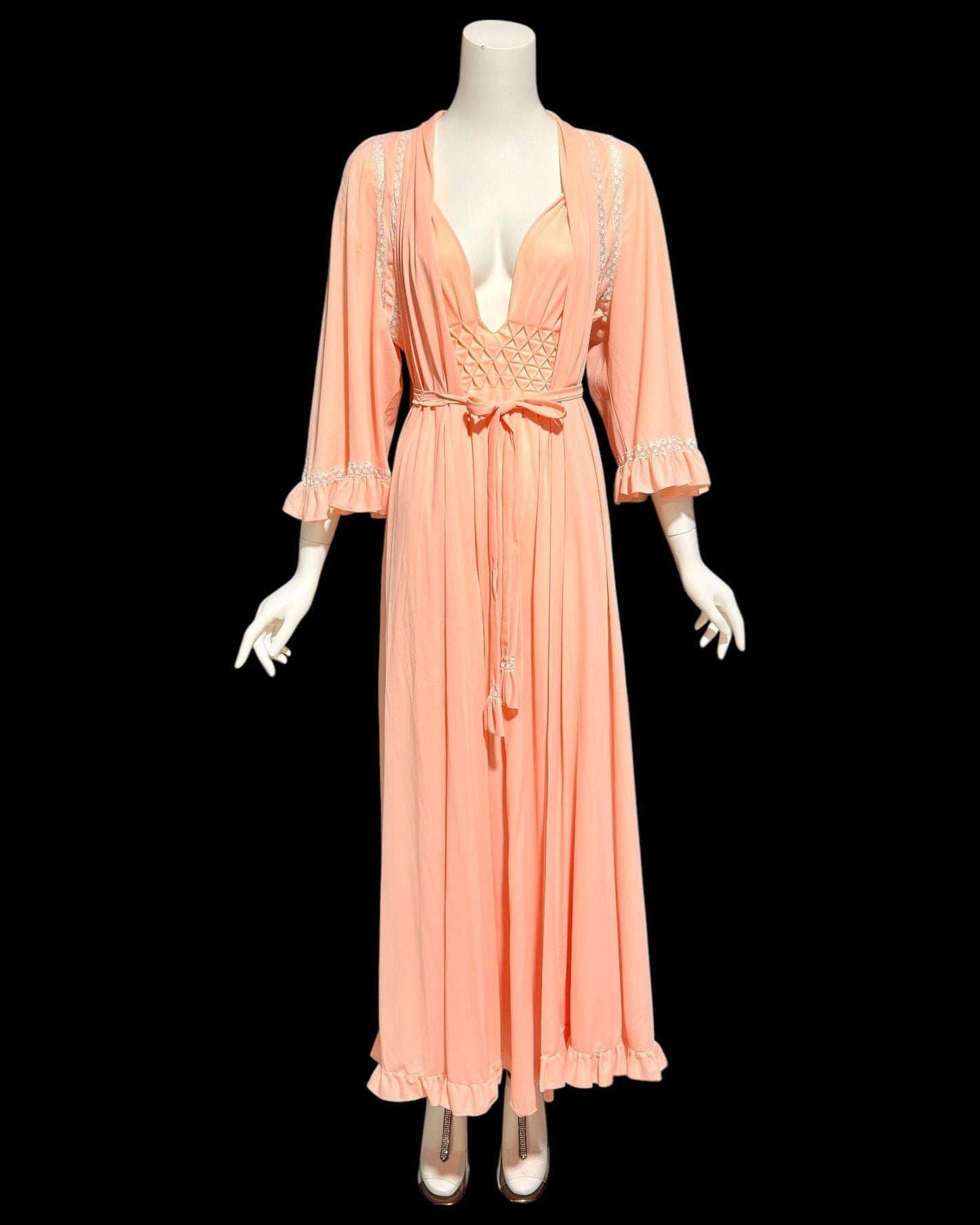 BLANCH by Ralph Montenero, Lord & Taylor, 1960s vintage peachy pink nightgown slip dress and dressing gown,   peignoir set