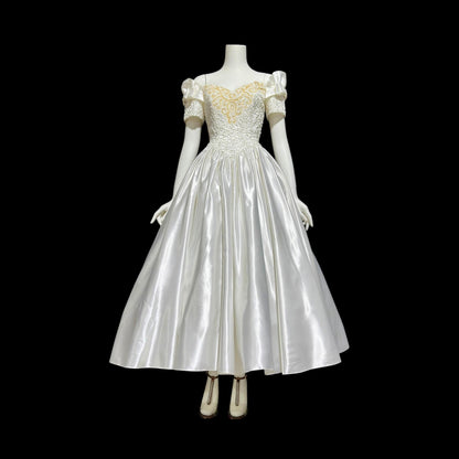 MIKE BENET, vintage 1980s evening dress, shiny white satin sequins prom wedding ball gown