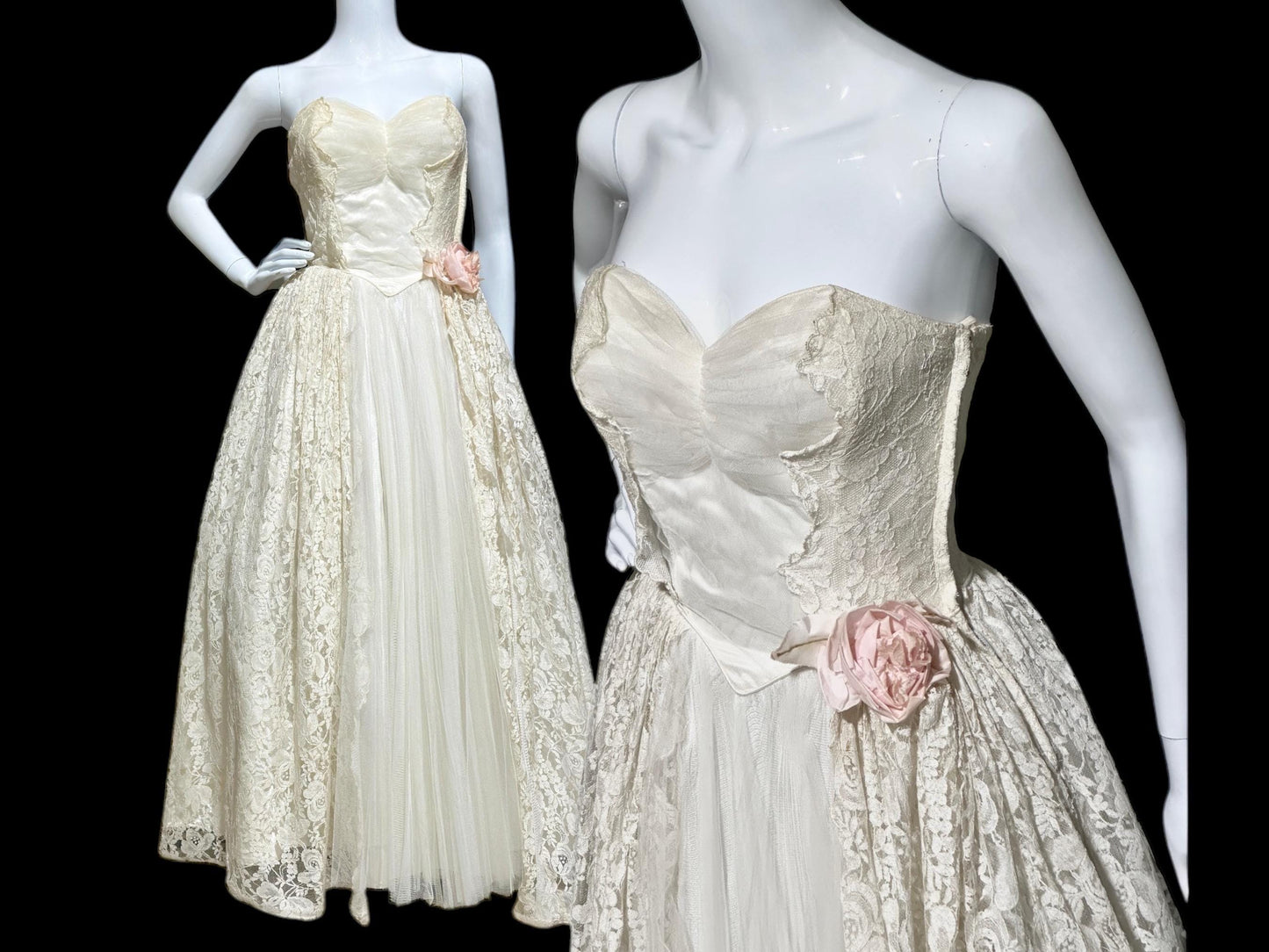 1950s vintage wedding prom dress, ivory off-white lace and tulle cupcake evening gown