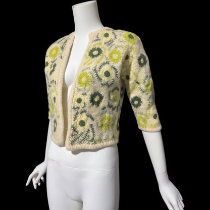 GENE SHELLY vintage 1950s cardigan sweater, open front embroidered wool cropped sweater