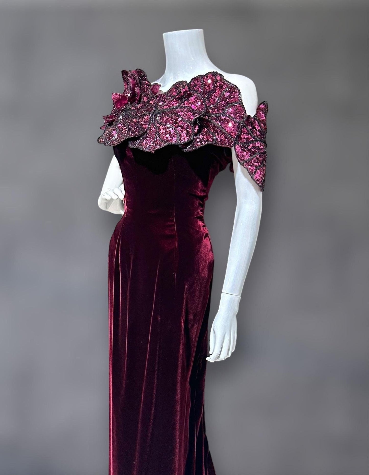 EUGENE ALEXANDER 1980s vintage evening gown, burgundy velvet sheath dress, HUGE Sequin Flowers