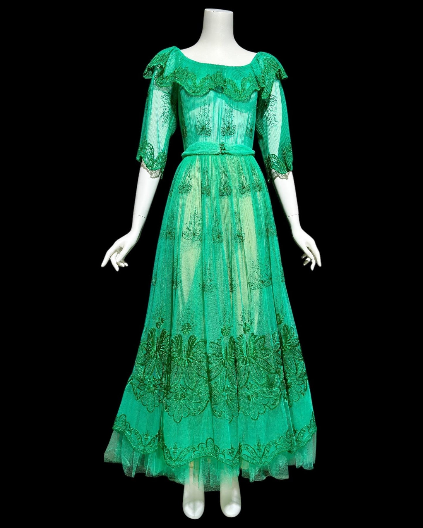 FRANK USHER vintage 1970s green embroidered net gown, ruffle neckline, full sweep party dress