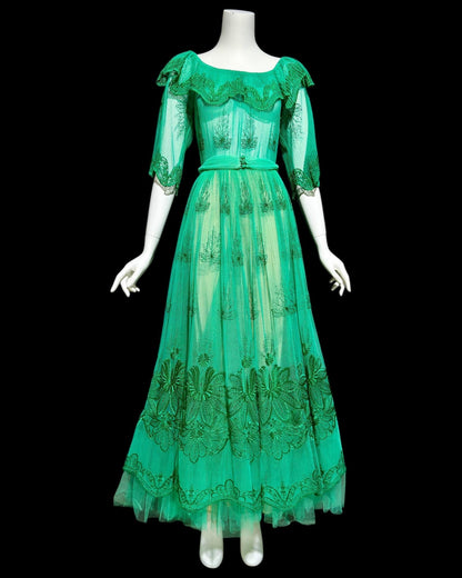FRANK USHER vintage 1970s green embroidered net gown, ruffle neckline, full sweep party dress