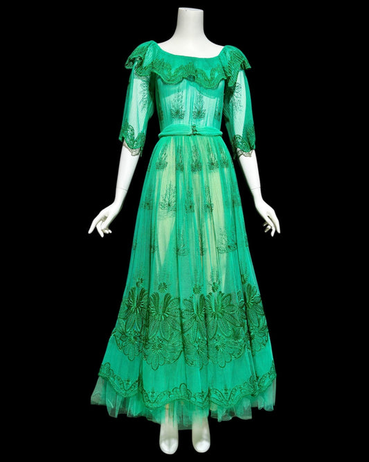 FRANK USHER vintage 1970s green embroidered net gown, ruffle neckline, full sweep party dress