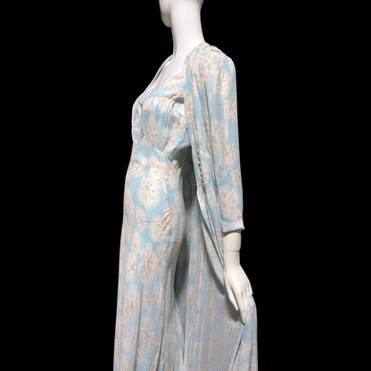RADCLIFFE vintage nightgown robe set, 1940s FLORAL blue bias cut lingerie slip dress peignoir