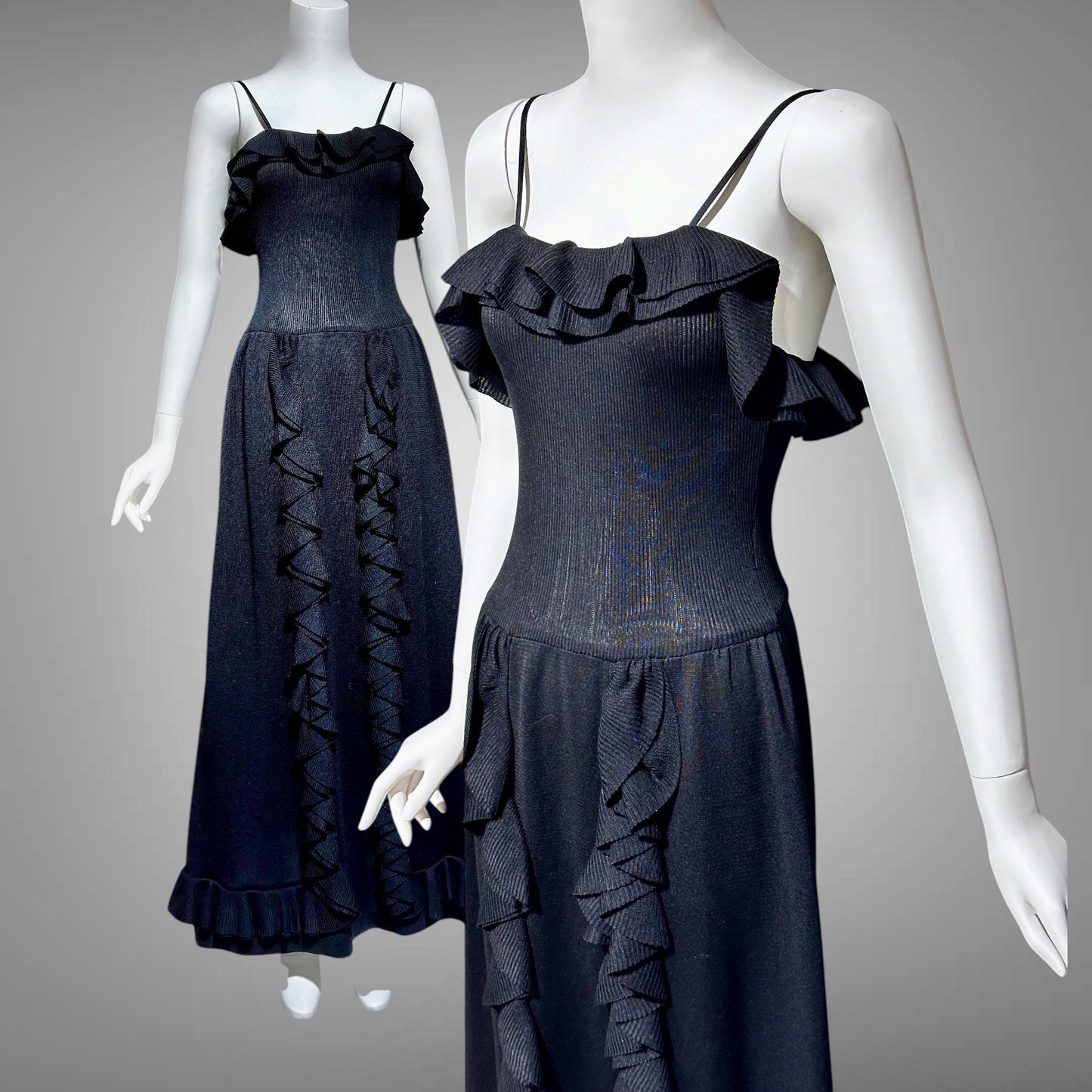 CRISSA 1970s vintage black knit ruffled slip dress, long maxi evening dress with ruffles