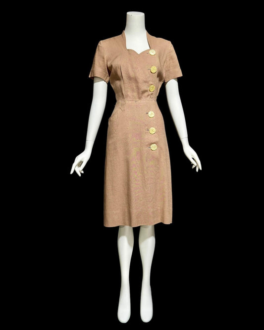 MOYGASHEL vintage 1940s taupe color linen day coat dress, wrap button front dress