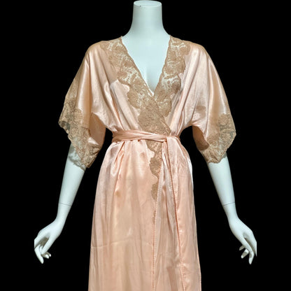 1930s vintage dressing gown robe, Shimmering Peach silk with amazing lace, wrap front house coat
