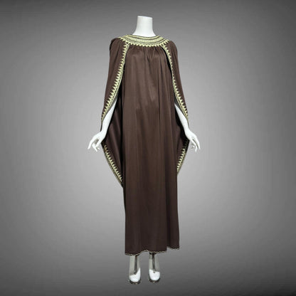1970s vintage caftan dress, brown and gold metallic kaftan with attached cape