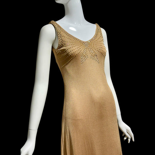 YOUNG DIMENSIONS SAKS Fifth Ave, vintage 1970s evening dress, Bronze slinky metallic knit maxi slip dress, Disco party cocktail dress