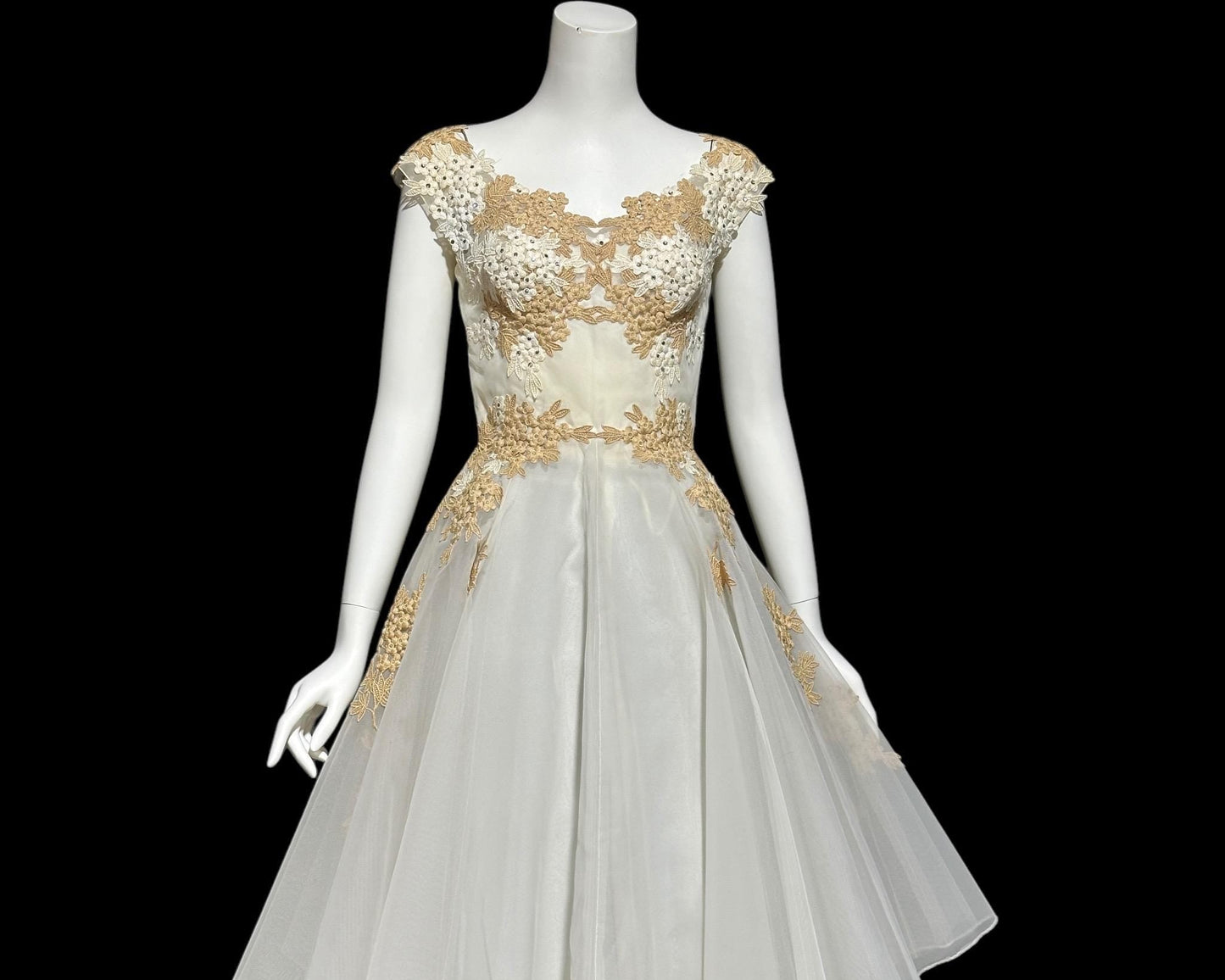 PEGGY HUNT, vintage 1950s dress, white and ecru lace rhinestones fit and flare cocktail party formal wedding dress, 34 bust