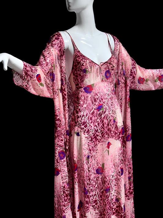 VANITY FAIR 1970s vintage peignoir set, Lingerie Pink floral slip dress, night gown and robe