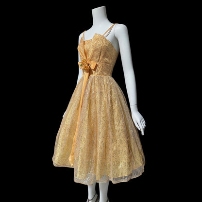 1950s vintage party dress, Peachy Copper sparkly metallic net tulle cocktail evening dress