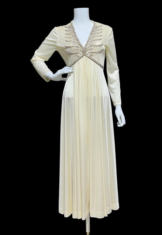 JACK BRYAN 1970s vintage evening dress, white jersey knit beaded maxi dress, long sleeves