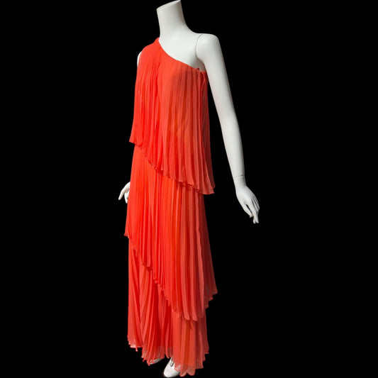 ESTEVEZ Vintage 1970s evening dress gown, Orange One Shoulder Pleated Chiffon full length gown