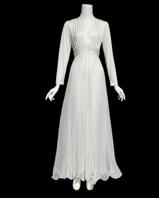 MISS ELLIETTE, vintage 1960s white Pleated chiffon evening dress, long sleeves