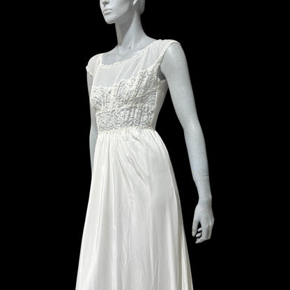 ARISTOCRAFT vintage 1940s nightgown slip dress, white sheer lace gown, bridal negligee lingerie dress