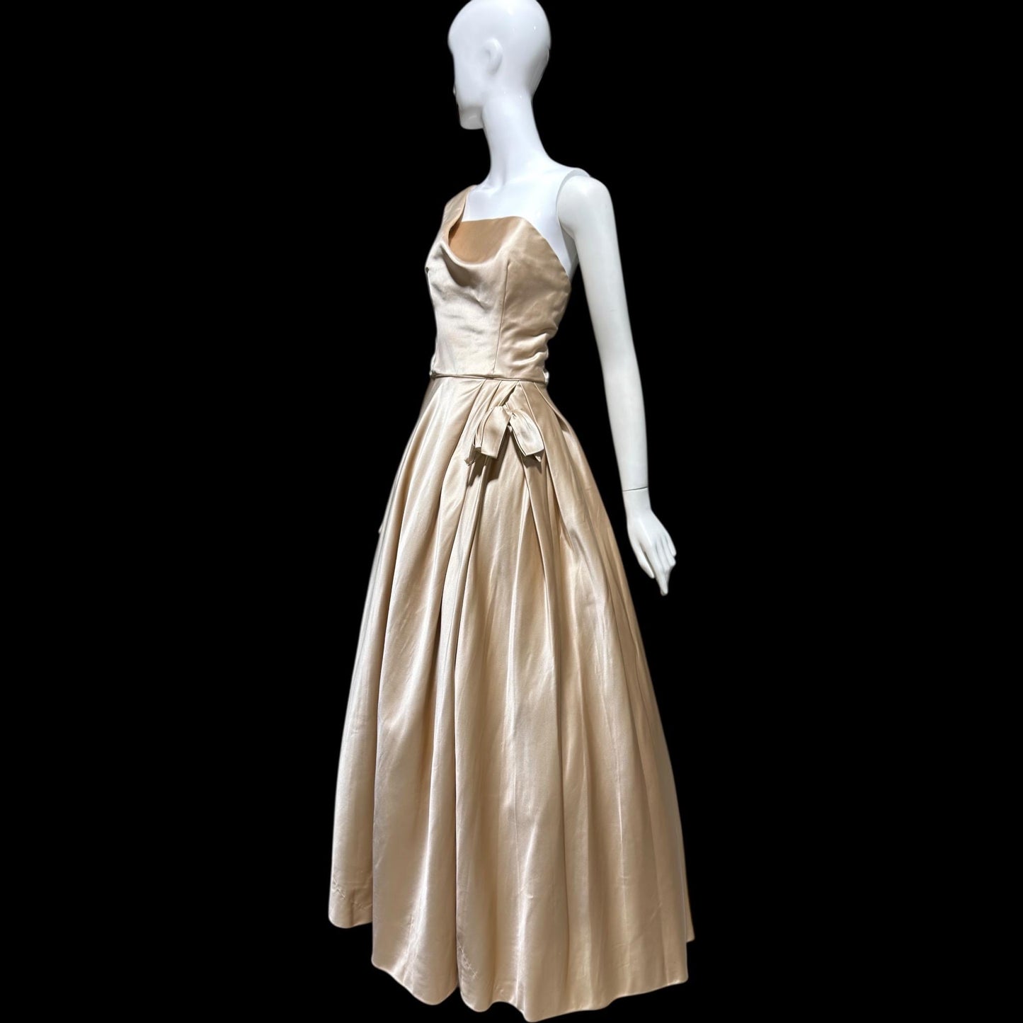 NAN DUSKIN vintage Evening Dress Ball Gown: 1940s Almond Taupe All Silk one shoulder gown