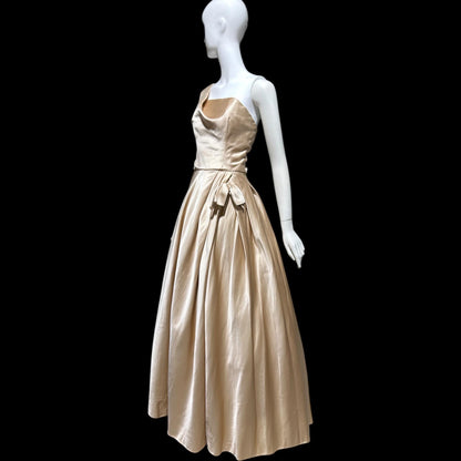 NAN DUSKIN vintage Evening Dress Ball Gown: 1940s Almond Taupe All Silk one shoulder gown