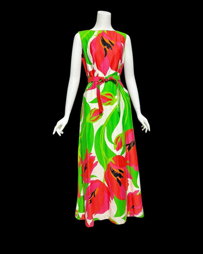MALIA HONOLULU, vintage 1960s dress, Hawaiian wrap cotton maxi sundress, Hot Pink Green Summer Beach Party dress