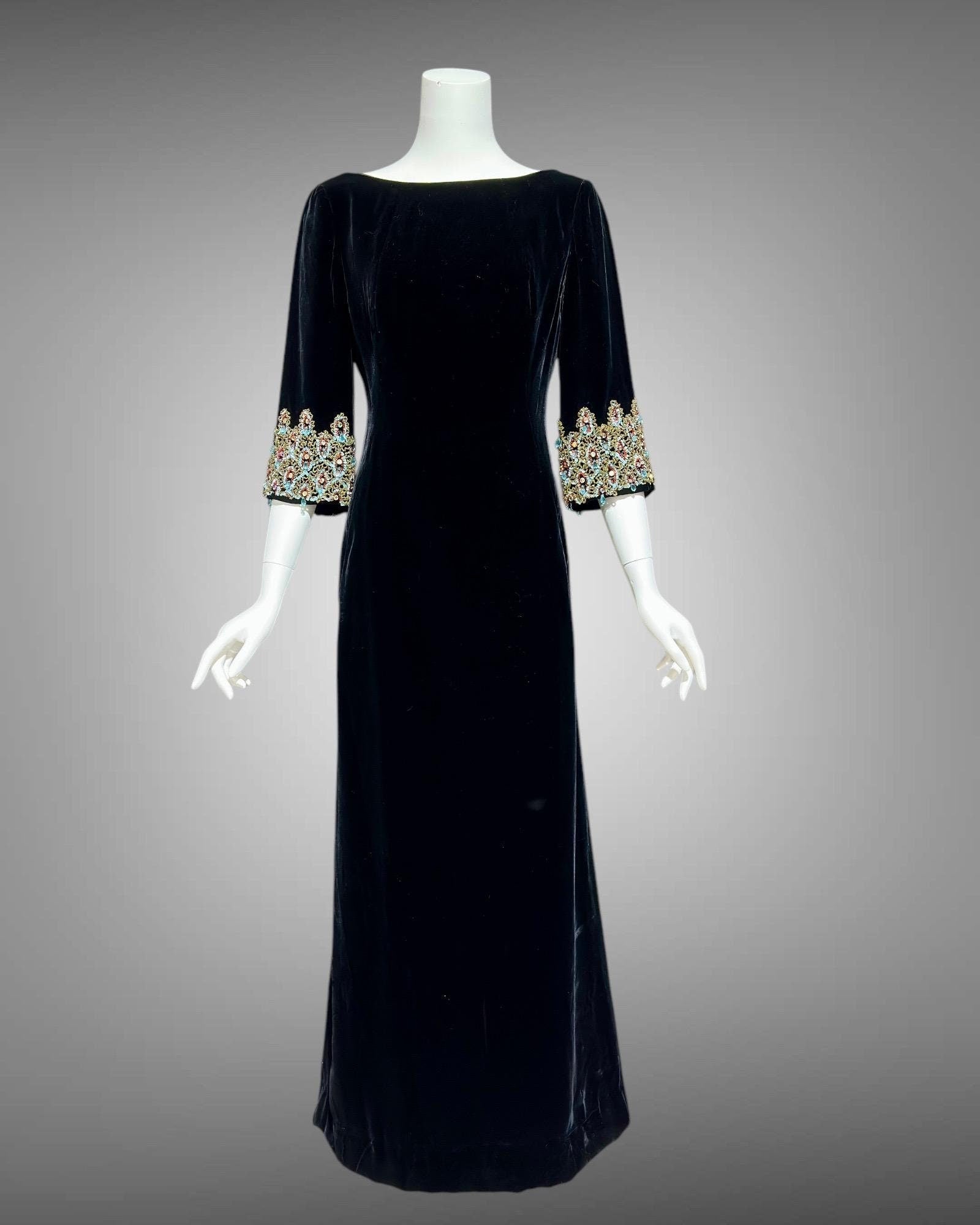 CAMEO vintage evening dress gown, for Bonwit Teller, 1960s black velvet beaded Caftan style gown