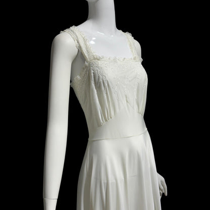 Kickernick, vintage 1940s Nightgown slip dress, white nylon scalloped full sweep night dress, full length