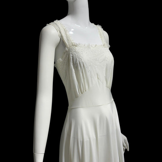 Kickernick, vintage 1940s Nightgown slip dress, white nylon scalloped full sweep night dress, full length