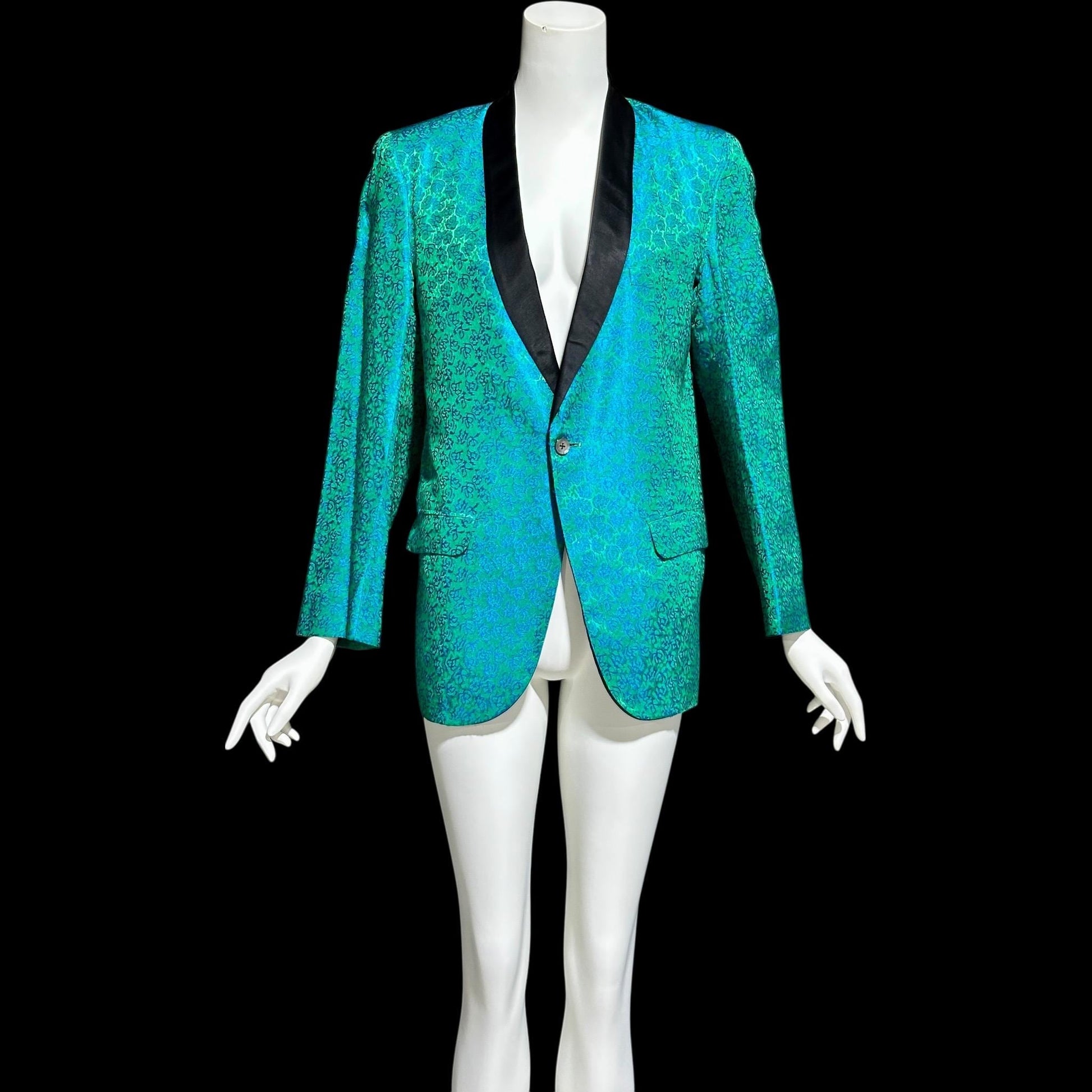 1960s Vintage Smoking Jacket, MEN'S Hugh Hefner Teal Mermaid Green Damask Lounge Dinner coat