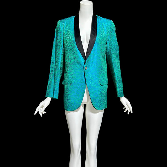 1960s Vintage Smoking Jacket, MEN'S Hugh Hefner Teal Mermaid Green Damask Lounge Dinner coat