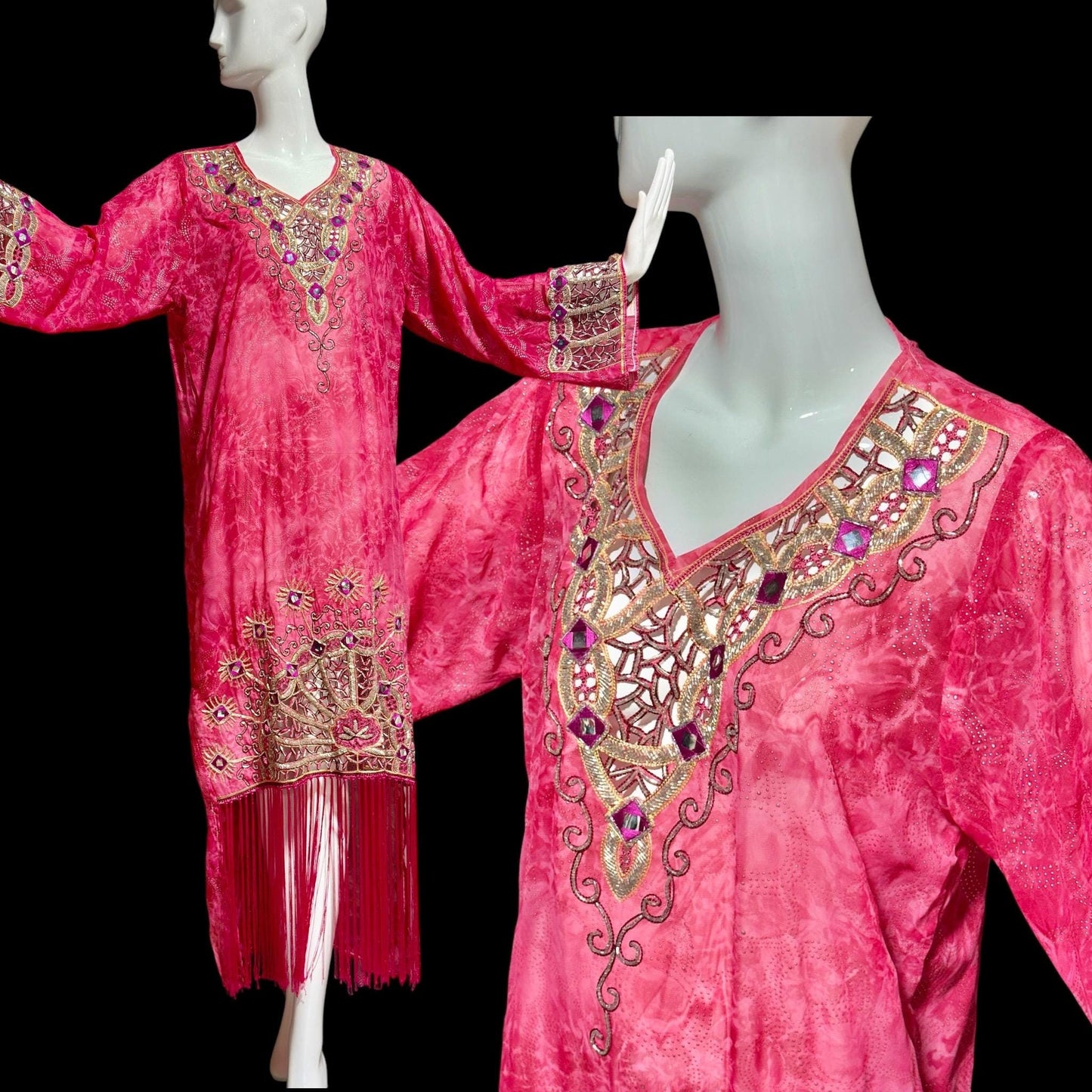 I MAGNIN 1980s vintage caftan dress, embroidery, beads, mirrors & cut work, sheer pink evening kaftan gown with Fringe