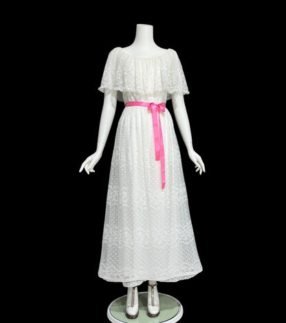 RICHILENE New York, vintage 1970s evening dress, white lace ruffle cape collar hippie boho chic wedding gown