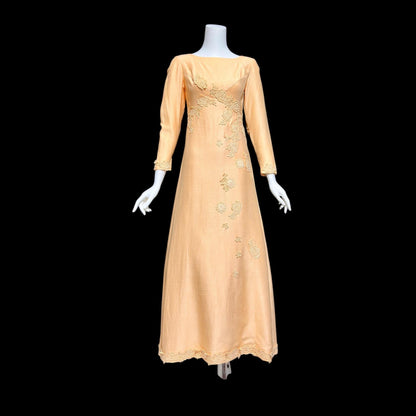 1960s Vintage evening bridesmaid dress, PEACH raw silk Mod gown, Long sleeves empire waist with flower appliques'