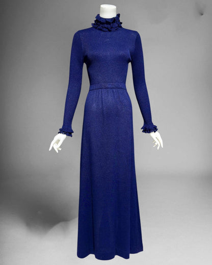 RONCELLI vintage 1970s knit maxi dress, Navy Blue mod acrylic knit dress with Ruffled Turtleneck long sleeves
